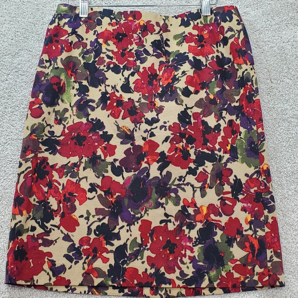 Talbots Straight & Pencil Skirt Womens‎ 8P Tan Red Floral Cotton Vented Back Zip